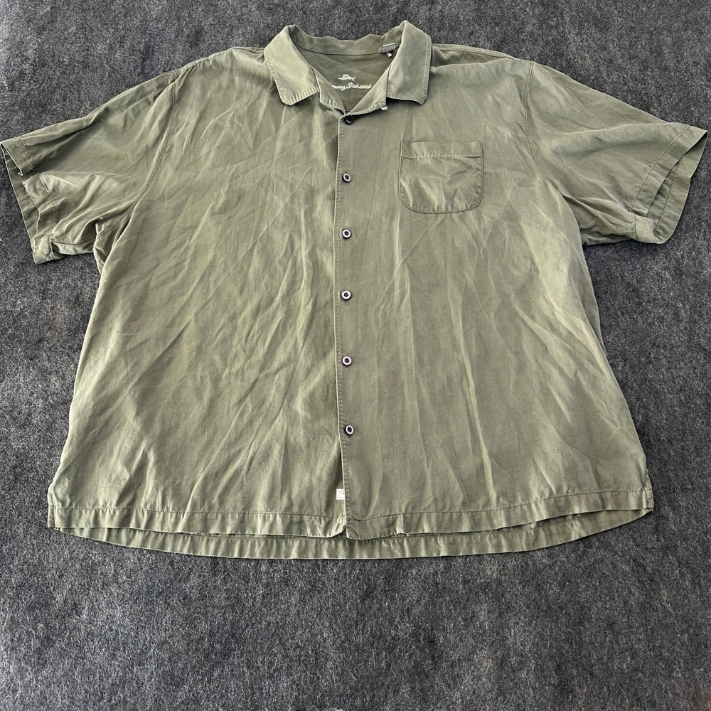 Tommy Bahama 100% Silk Mens 3XLB Olive Green Button Up Short Sleeve Tshirt